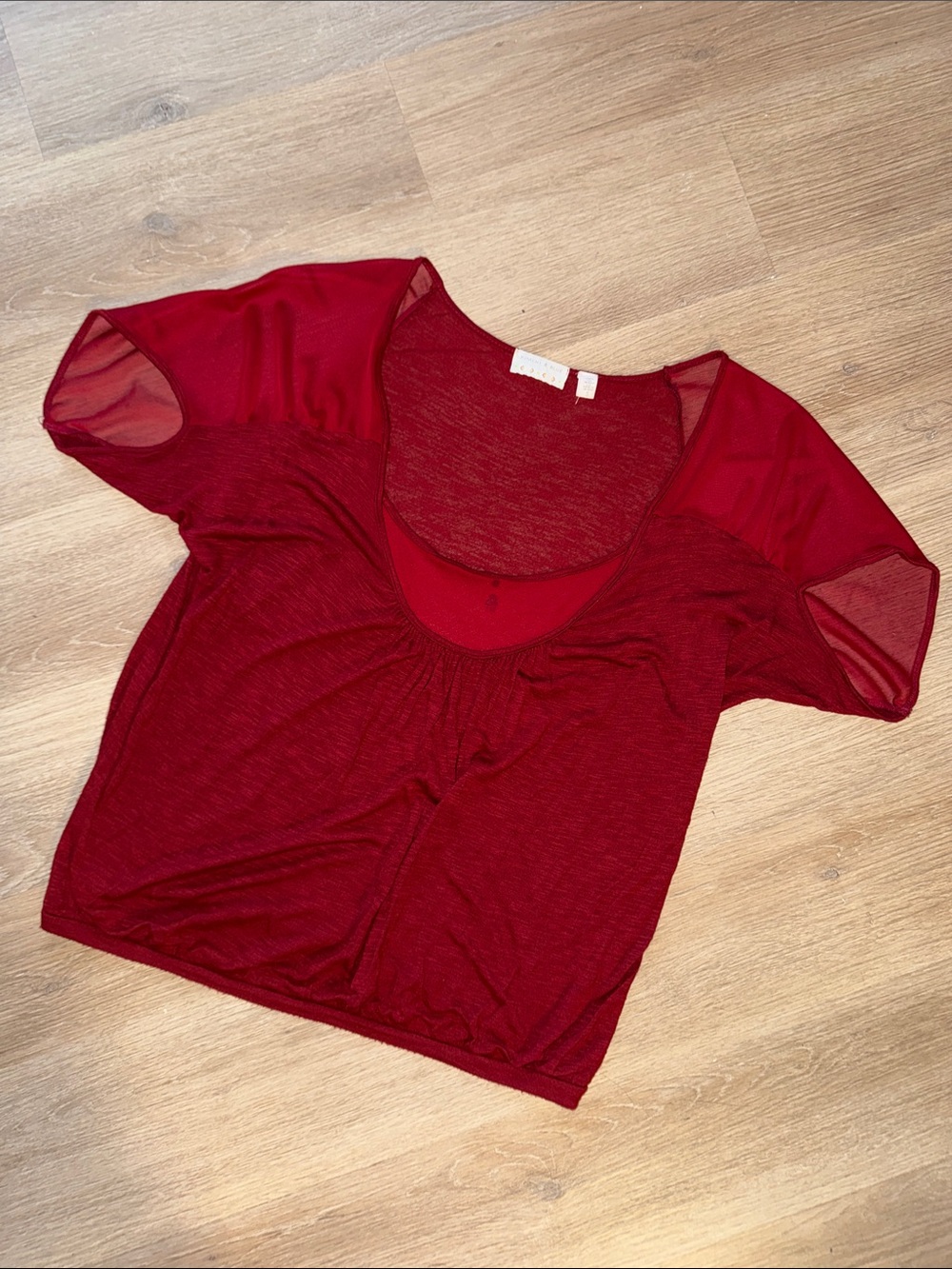 KIMCHI & BLUE Maroon Red Scoop Neck Mesh Decor Short Sleeve Blouse Top Shirt